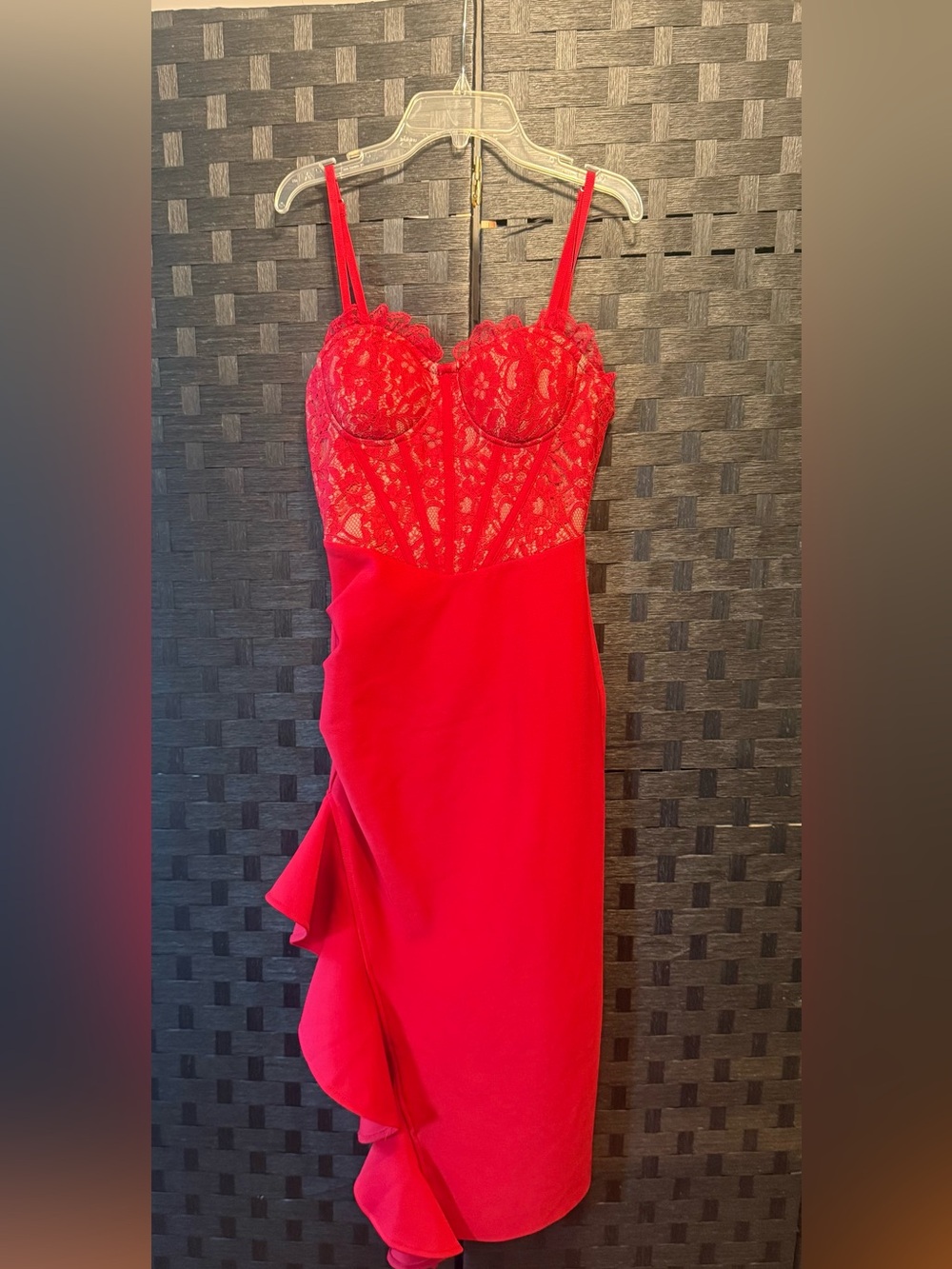 Fashion Nova Red Strapless Lace Bustier Midi Dress